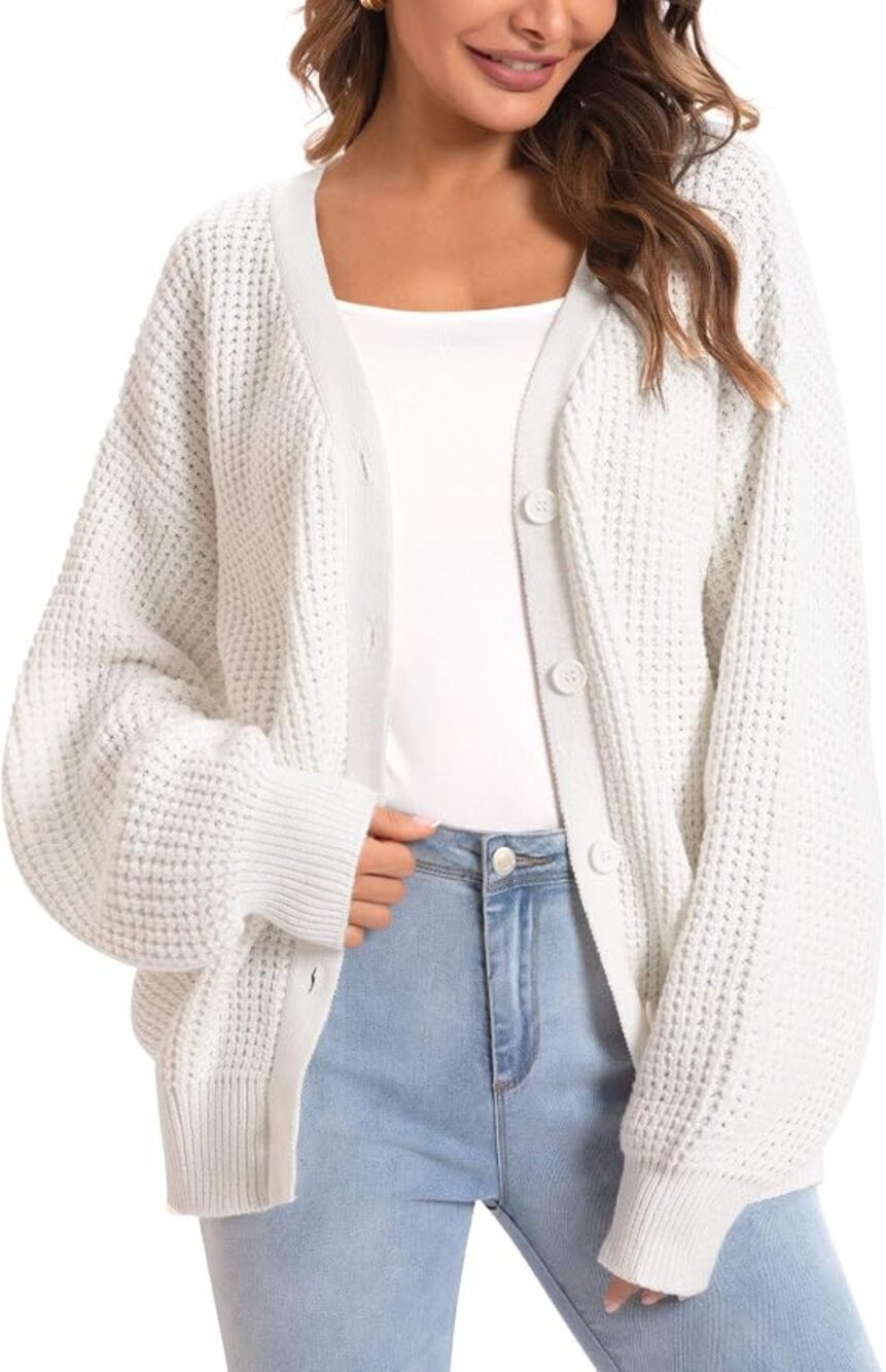 QUALFORT 100% Cotton Long Sleeve Waffle Knit Cardigan Sweater White Women's XL